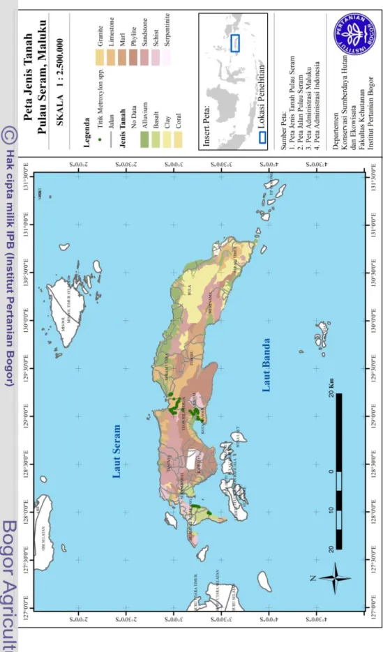 Gambar 11  Peta sebaran Metroxylon spp pada berbagai jenis tanah di Pulau Seram Maluku
