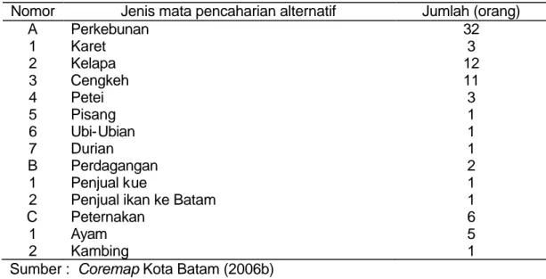 Tabel  19  Jumlah penduduk berdasarkan mata pencaharian non perikanan di  Kelurahan Pulau Abang Kecamatan Galang tahun 2005 