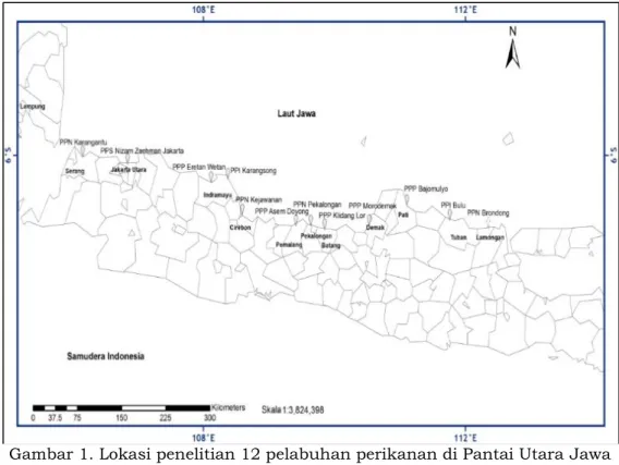 Gambar 1. Lokasi penelitian 12 pelabuhan perikanan di Pantai Utara Jawa  2.2. Metode Pengumpulan Data 