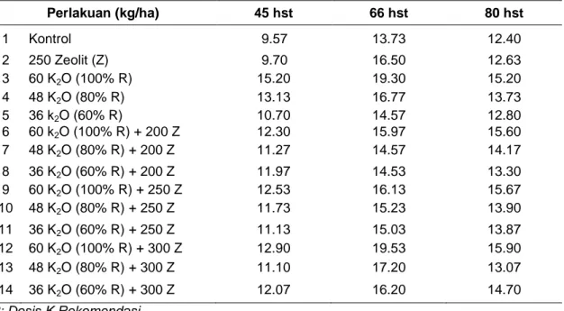 Tabel  9.  Jumlah  anakan  IR  64  pada  berbagai  fase  pertumbuhan  dan  perlakuan  kombinasi  pupuk K dan Zeolit, Jakenan MH 1999/2000 