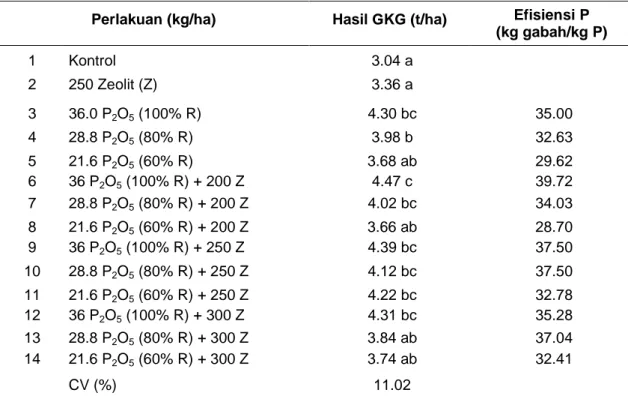 Tabel  6.  Hasil  IR  64  dan  efisiensi  P  pada  berbagai  perlakuan  kombinasi  pupuk  P  dan  Zeolit,   Tamanbogo MH 1999/2000 