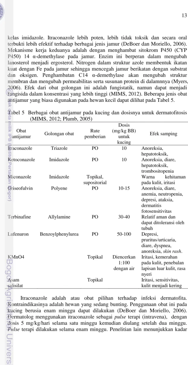 Tabel 5  Berbagai obat antijamur pada  kucing dan dosisnya untuk dermatofitosis  (MIMS, 2012; Plumb, 2005) 