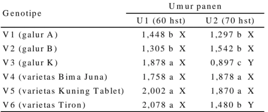 Tabel 4.  Interaksi  antara  genotipe  bawang  merah  dan  saat  panen  pada  variabel  diameter umbi  U 1  (6 0  h s t) U 2  (7 0  h s t) V 1  (g a lu r A ) 1 ,4 4 8  b   X 1 ,2 9 7  b   X V 2  (g a lu r B ) 1 ,3 0 5  b   X 1 ,5 4 2  b   X V 3  (g a lu r 