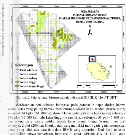 Gambar 2 Peta sebaran biomassa hutan di areal IUPHHK-HA PT DRT. 