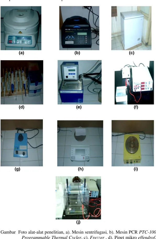 Gambar  Foto alat-alat penelitian, a). Mesin sentrifugasi, b). Mesin PCR PTC-100  Programmable Thermal Cycler, c)