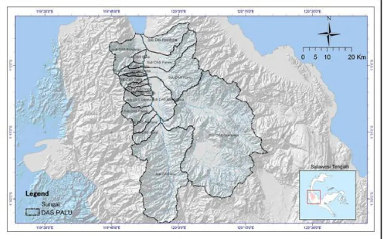 Gambar 1. Peta wilayah sub DAS Kawatuna dalam DAS Palu Provinsi Sulawesi  Tengah  (Sumber: BPDAS Palu Poso, 2014)