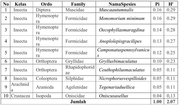 Tabel  1.Jenis  dan  Keanekaragaman  Arthropoda  Permukaan  Tanah  Di  Sekitar  Goa  Mandala 