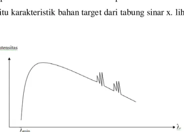 Gambar 2.5. Grafik distribusi panjang gelombang-intensitas pada  pemancaran sinar X yang terdiri dari sinar X kontinu dan karakteristik