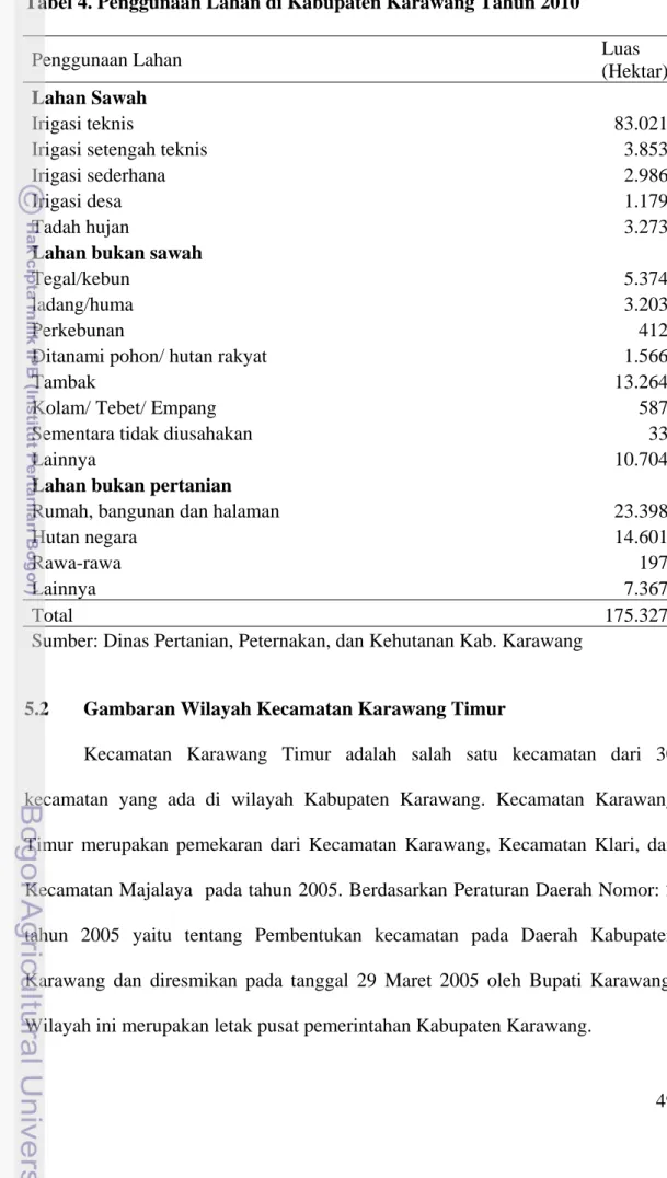 Tabel 4. Penggunaan Lahan di Kabupaten Karawang Tahun 2010 