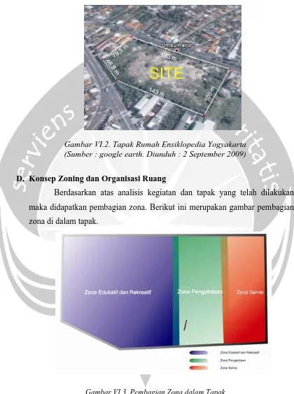 Gambar VI.2. Tapak Rumah Ensiklopedia Yogyakarta (Sumber : google earth. Diunduh : 2 September 2009) 