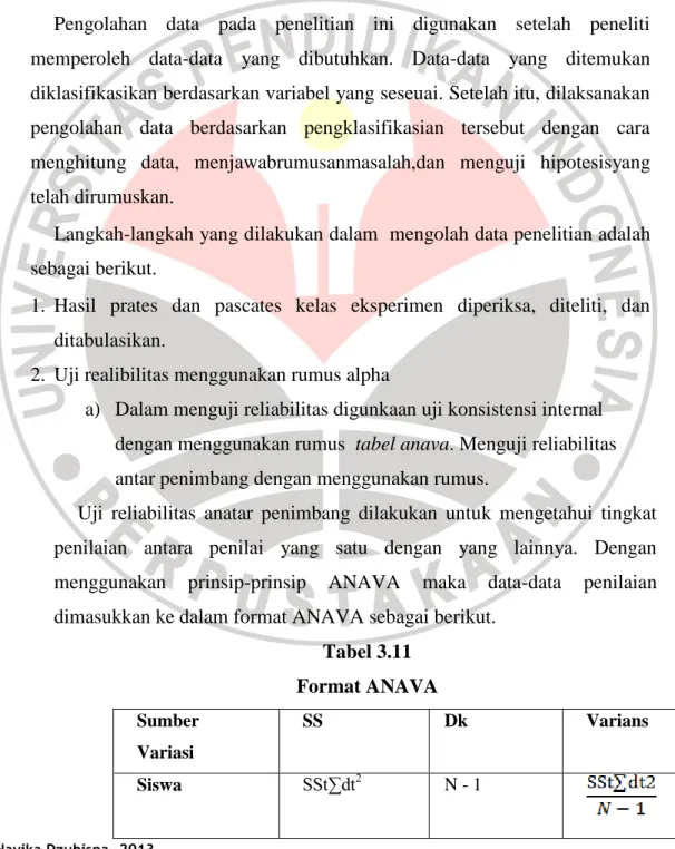 Tabel 3.11   Format ANAVA  Sumber  Variasi   SS  Dk  Varians  Siswa  SSt∑dt 2  N - 1 