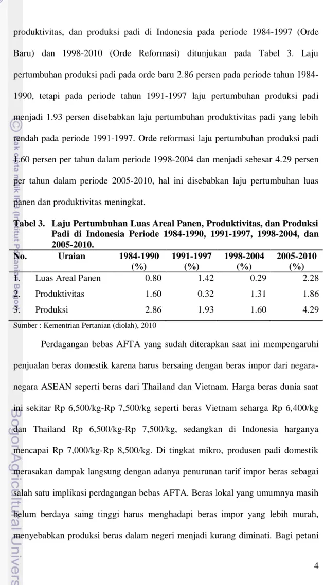 Tabel 3.  Laju Pertumbuhan Luas Areal Panen, Produktivitas, dan Produksi  Padi  di  Indonesia  Periode  1984-1990,  1991-1997,  1998-2004,  dan  2005-2010