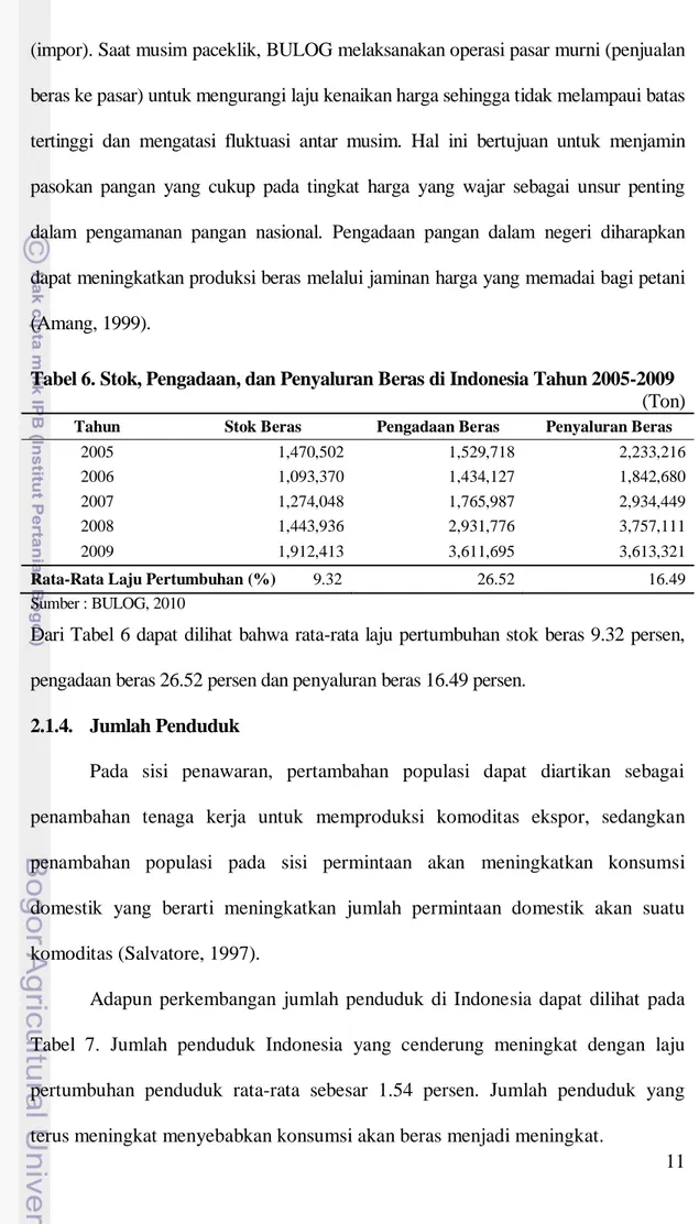 Tabel 6. Stok, Pengadaan, dan Penyaluran Beras di Indonesia Tahun 2005-2009  (Ton) 