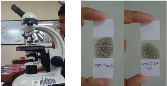 Gambar 2.1 Mikroskop Polarasisi (kiri) dan Benda Uji Sayatan Batuan (kanan)  Pengamatan  secara  seksama  pada  sayatan  tipis  batuan  dilakukan  dibawah  mikroskop  polarisasi  seperti  yang  telah  ditunjukkan  pada  Gambar  2.1  di  atas