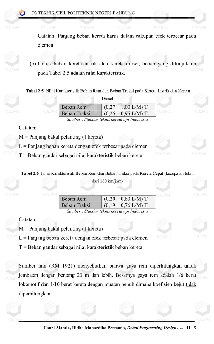 Tabel 2.6  Nilai Karakteristik Beban Rem dan Beban Traksi pada Kereta Cepat (kecepatan lebih  dari 160 km/jam) 