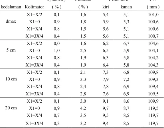 Tabel 2. Parameter keseragaman berkas pada profil sinar-X 6 MV   arah inplane  lapangan 10 x 10 cm 2  SSD 100 cm 