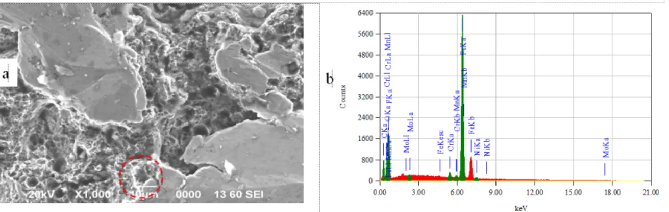 Gambar 6. SEM analisis pada untuk spesimen austenitisasi 900 ºC dan temper 200 ºC (a) foto SEM dan (b)  spektrum EDS