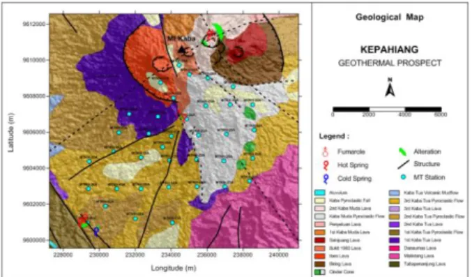 Gambar 1. Peta Geologi Daerah Prospek Panasbumi  Kepahiang (Kusnadi dkk, 2011) dimodifikasi oleh Penulis  Kondisi  geologi  daerah  Kepahiang  ditunjukan  seperti  pada  Gambar 1