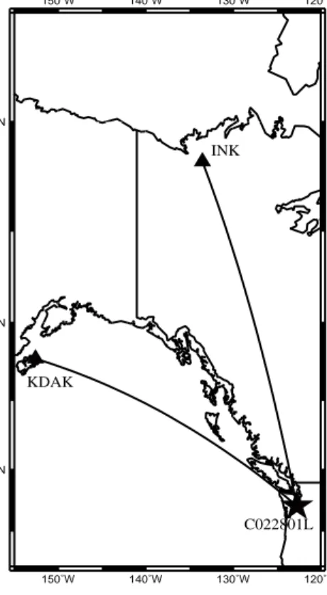 Gambar 1: Proyeksi vertikal dari sinar-sinar seismik yng dilepaskan hiposenter gempa C022801L ke stasiun observasi KDAK dan INK