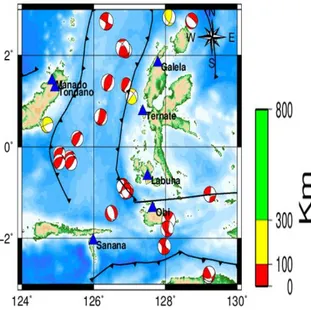 Gambar 8. Peta Sebaran Seismisitas berdasarkan Focal  Mechanism dan kedalaman wilayah Laut Maluku dan sekitarnya