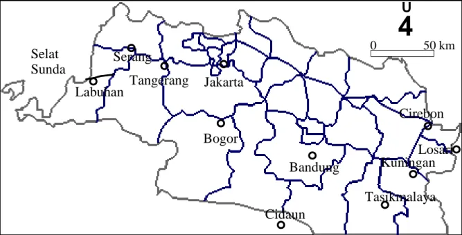 Gambar 3. Peta jalan di wilayah Jawa bagian barat. Garis selain batas tepi wilayah menunjukkan jalan raya