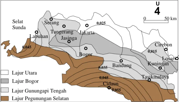 Gambar  5.  Korelasi  penyebaran  batuan  geologi  dan  distribusi  percepatan  maksimum  gerakan  tanah  di  wilayah  Jawa  bagian barat