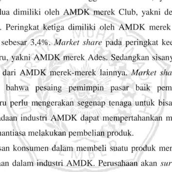 Tabel 1.1. Market Share AMDK di Indonesia Tahun 2017  No  Merek  Presentase (%)  1  Aqua  82.3  2  Club  4.8  3  Vit  3.4  4  Ades  3.2  5  Merek lain  6.3        Sumber: ASPADIN 2018 