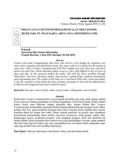 Perancangan Sistem Informasi Penjualan Tiket Konser Musik Pada Pt Insan Karya Aruna Nusa 1045