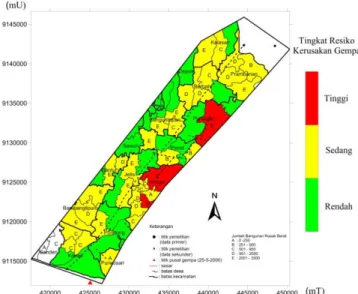 Gambar  9.  Mikrozonasi  tingkat  resiko  kerusakan  gempa  di-overlay  dengan  peta  administrasi  kecamatan