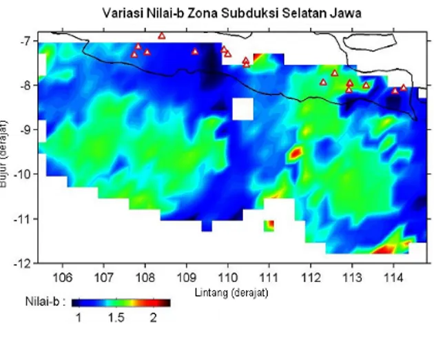 Gambar 6. Distribusi nilai-b dan nilai-a Zona  Subduksi Jawa dari Katalog NEIC 1973-2006