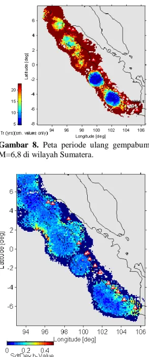 Gambar  8.  Peta  periode  ulang  gempabumi,  M=6,8 di wilayah Sumatera. 