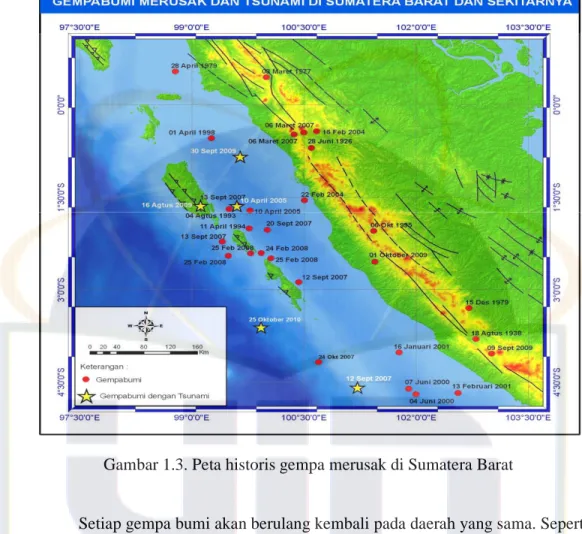 Gambar 1.3. Peta historis gempa merusak di Sumatera Barat 