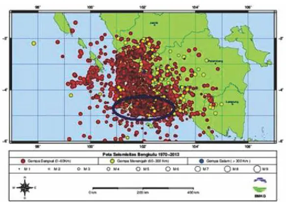 Gambar 1.   Peta daerah studi (Bengkulu) serta seismisitasnya periode tahun 1971-2013