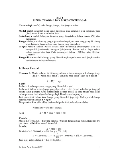 BAB I BUNGA TUNGGAL DAN DISKONTO TUNGGAL. Terminologi: Modal, Suku ...