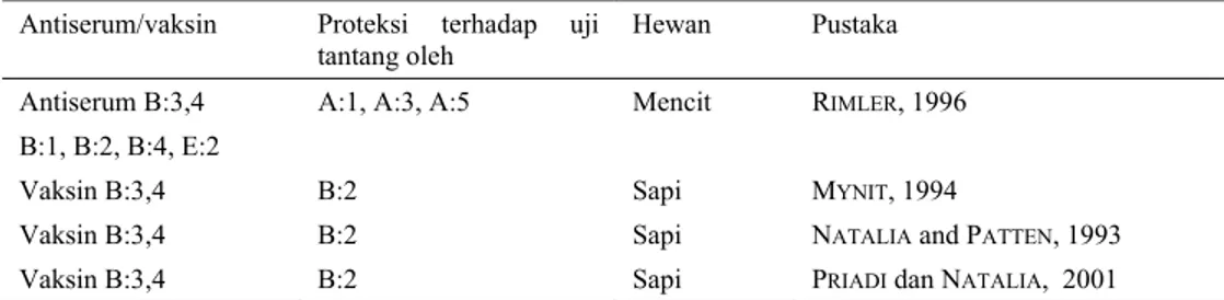 Tabel 2. Proteksi silang P. multocida B:3,4 terhadap P. multocida  serotipe lain.  