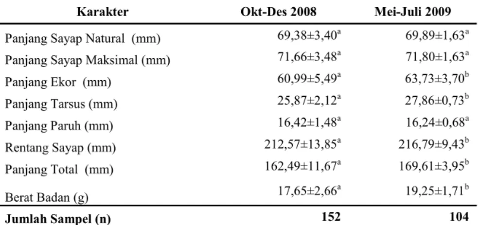 Tabel 1  Perbandingan ukuran tubuh burung A. orientalis pada Oktober-Desember 2008 dan Mei-Juli 2009