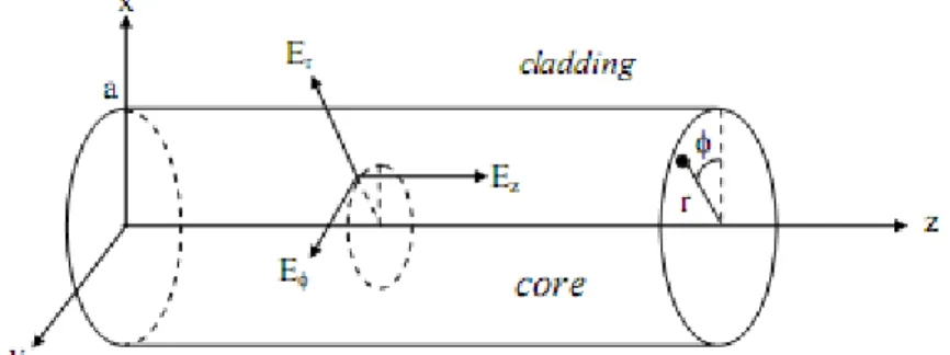 Gambar 2.4. Geometri serat optik dalam koordinat silinder (Saleh, 1991). 