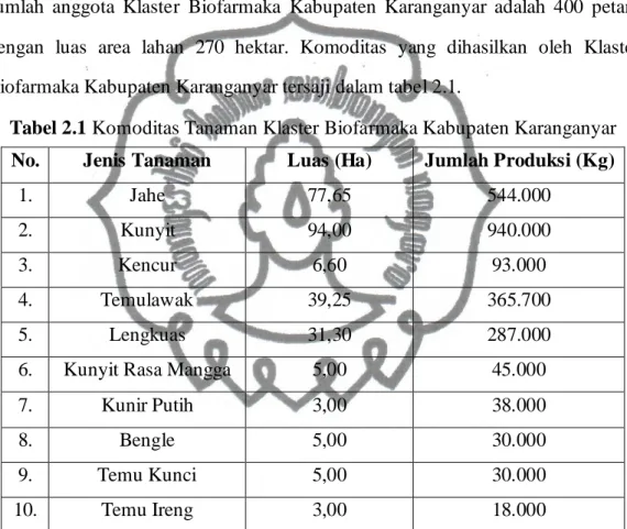 Tabel 2.1 Komoditas Tanaman Klaster Biofarmaka Kabupaten Karanganyar  No.  Jenis Tanaman  Luas (Ha)  Jumlah Produksi (Kg) 