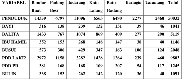Tabel 3.2 Daftar Sasaran Kesehatan Puskesmas Lubuk Kilangan Tahun 2013  VARIABEL  Bandar  Buat  Padang Besi  Indarung   Koto  Lalang  Batu  Gadang 