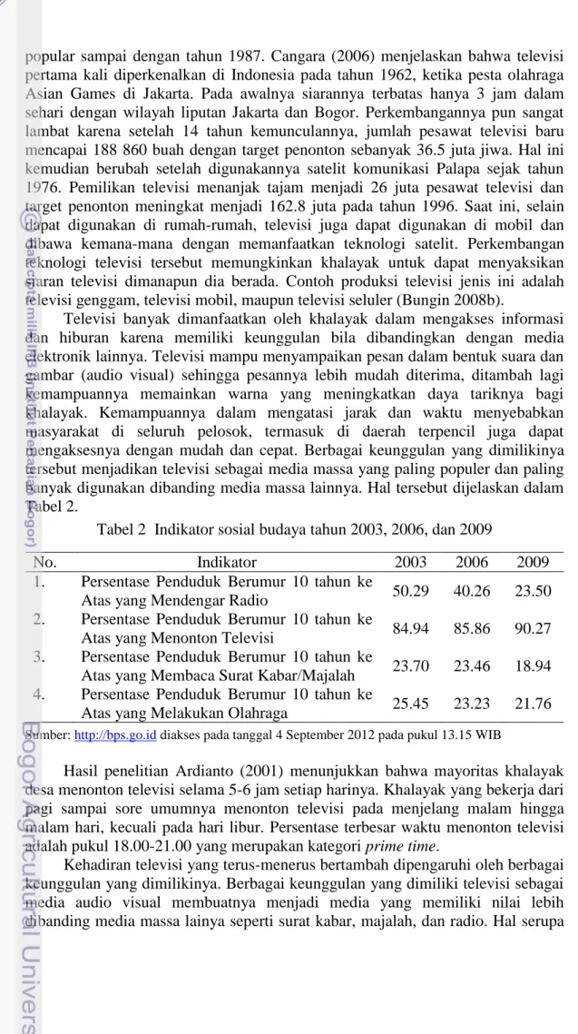 Tabel 2  Indikator sosial budaya tahun 2003, 2006, dan 2009