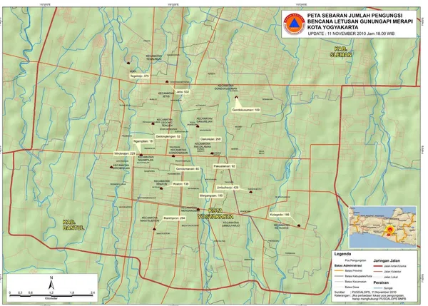Gambar 1.4 Peta Sebaran Jumlah Pengungsi Bencana Letusan Gunung Merapi Kota Yogyakarta : Update 11 November 2010 Jam 18.00 WIB