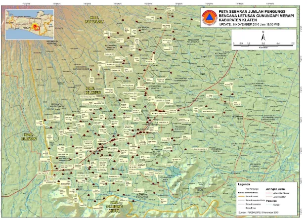 Gambar 1.5 Peta Sebaran Jumlah Pengungsi Bencana Letusan Gunung Merapi Kabupaten Klaten : Update 9 November 2010 Jam 18.00 WIB