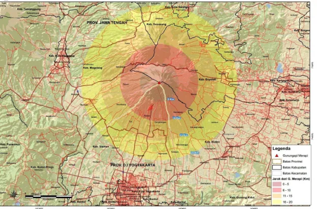 Gambar 1.2 Peta Zonasi Bahaya (Jarak Radius 20 km) dari Puncak Gunung Merapi Sumber : BNPB (2010)