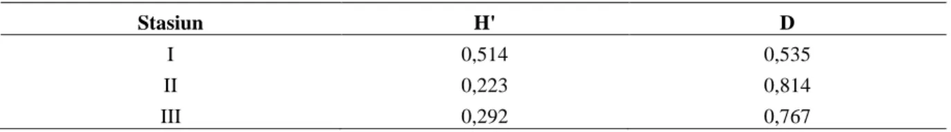 Tabel 4. Nilai keanekaragaman dan dominansi makrozoobentos pada masing-masing stasiun  Stasiun  H'  D  I  0,514  0,535  II  0,223  0,814  III  0,292  0,767  Pembahasan 