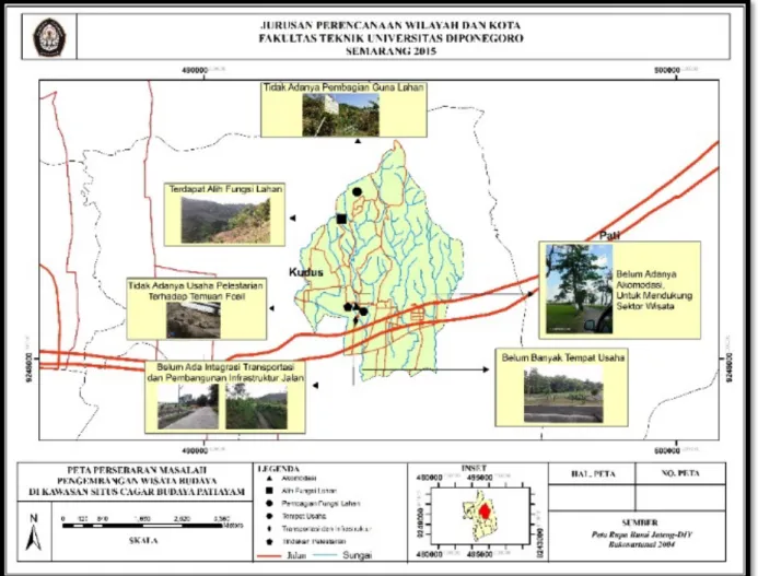 Gambar  2.  Peta  Persebaran  Masalah  di  Kawasan  Situs  Cagar  Budaya  Patiayam  (Peta  Rupa  Bumi  Jawa  Tengah  Bakosurtanal, 2010) 