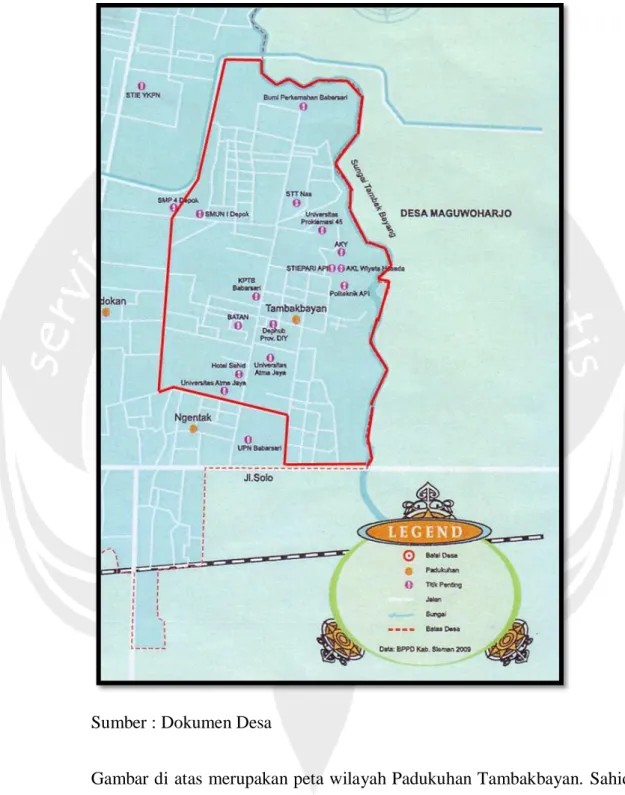 Gambar di atas merupakan peta wilayah Padukuhan Tambakbayan.  Sahid  Yogya Lifestyle City terletak disebelah selatan wilayah Padukuhan Tambakbayan