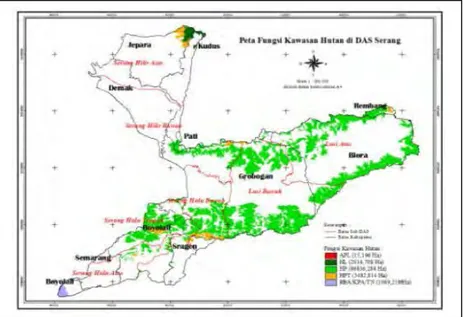Gambar  1.  Peta  sebaran  kawasan  hutan  di  DAS  Serang  berdasarkan  atas fungsi pokoknya