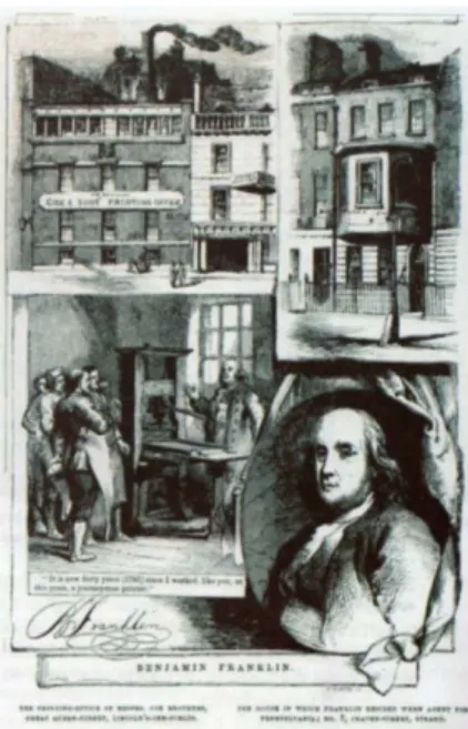 Gambar  2.1  : Ilustrasi tentang Benyamin Franklin (1706-1790)  menggunakan teknik woodcut yang dibuat oleh perusahaan percetakan  Cox &amp; Sons pada tahun 1785
