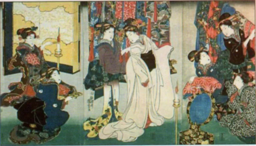 Gambar 2.2 : Ilustrasi di era woodblock dibuat oleh seniman Jepang,  tahun 1603-1867.  Sumber: Buku “Pengantar Desain Komunikasi  Visual”, 2007 