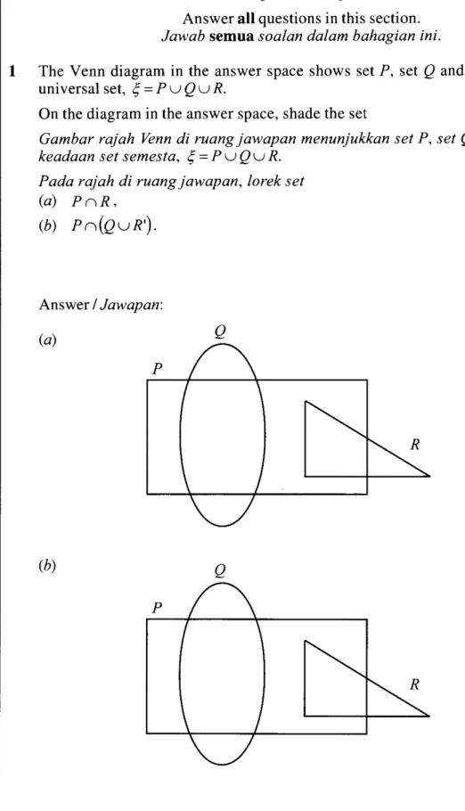 Gambar  rajah  Venn  di  ruang  jawapan  menunjukkan  set  P, set  Q  dan  set R  dengan keadaan  set  semesta,  € =  PwQw  R.